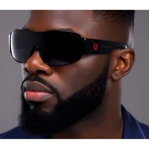 Designer Shield Sunglasses Dark Black‎ Frame Red Sport Wrap Around Shades UV400